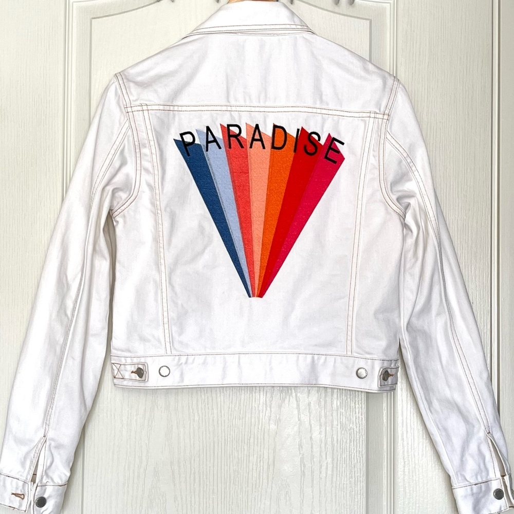 Maje Paris White Paradise Rainbow Embroidery Denim Trucker Jacket EU 38 Luxury
